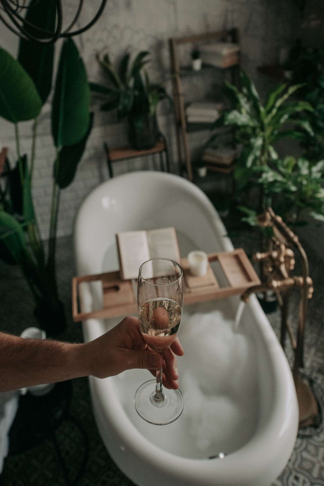 Hand holding a glass of champagne in the foreground, with a bubble-filled bathtub, an open book, candles, and surrounding green plants in the background—experience this luxury through Premium Concierge Services.